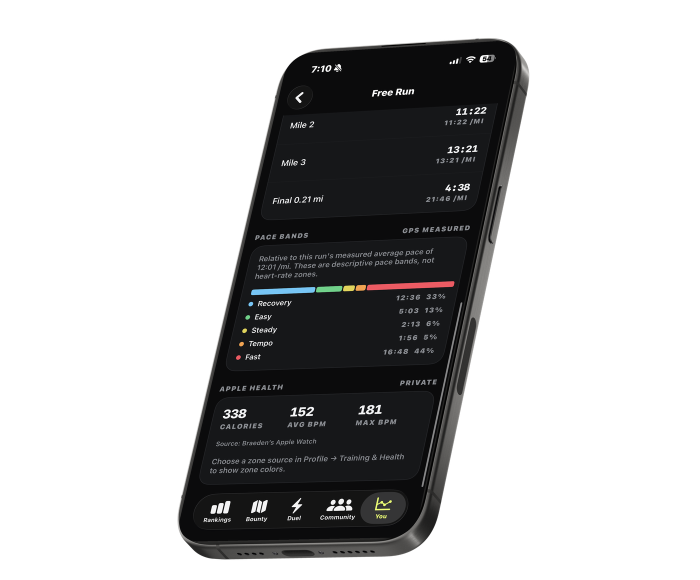 BiaVis pace bands and Apple Health summary shown in an iPhone mockup