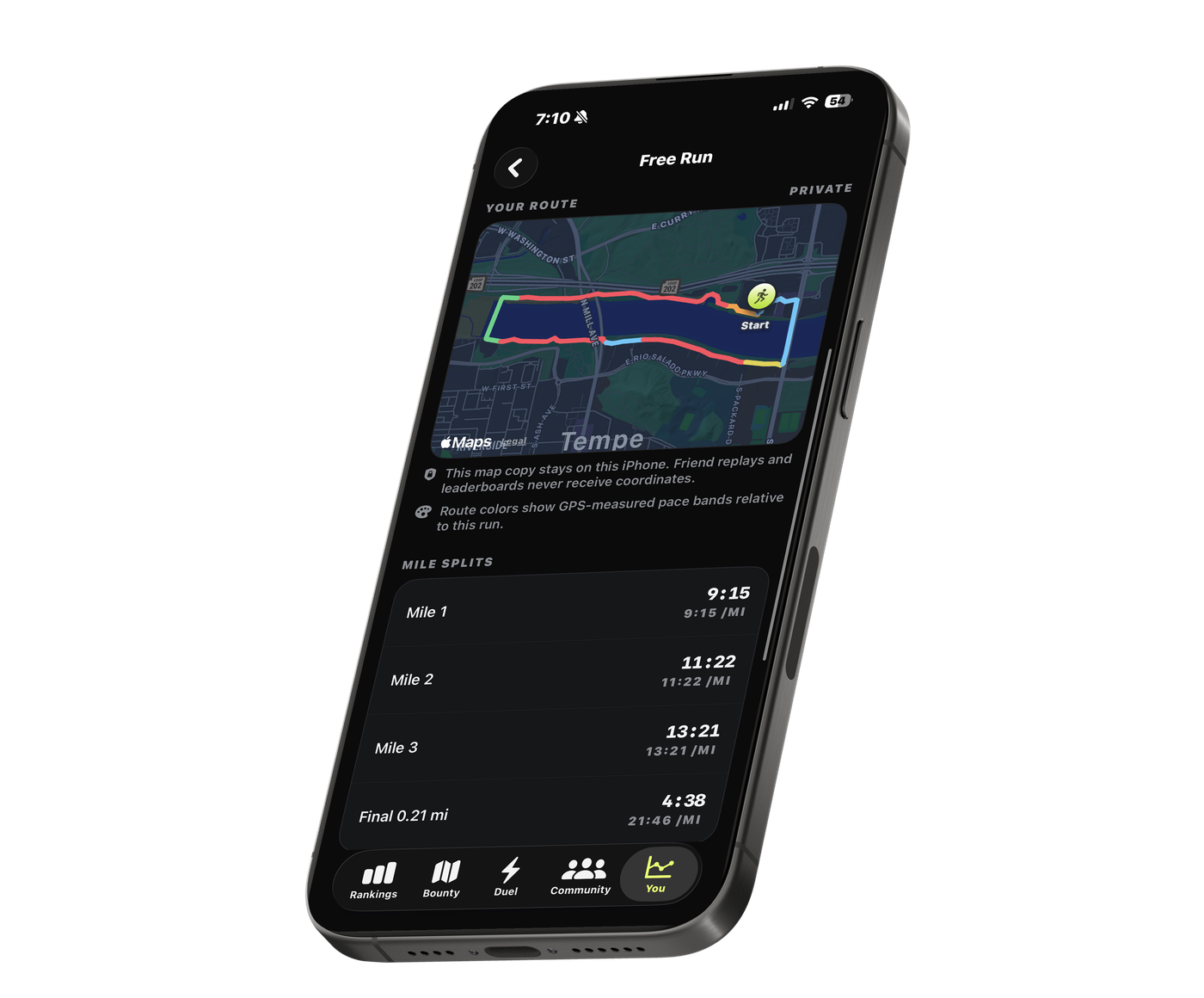 BiaVis running route and mile splits shown in an iPhone mockup
